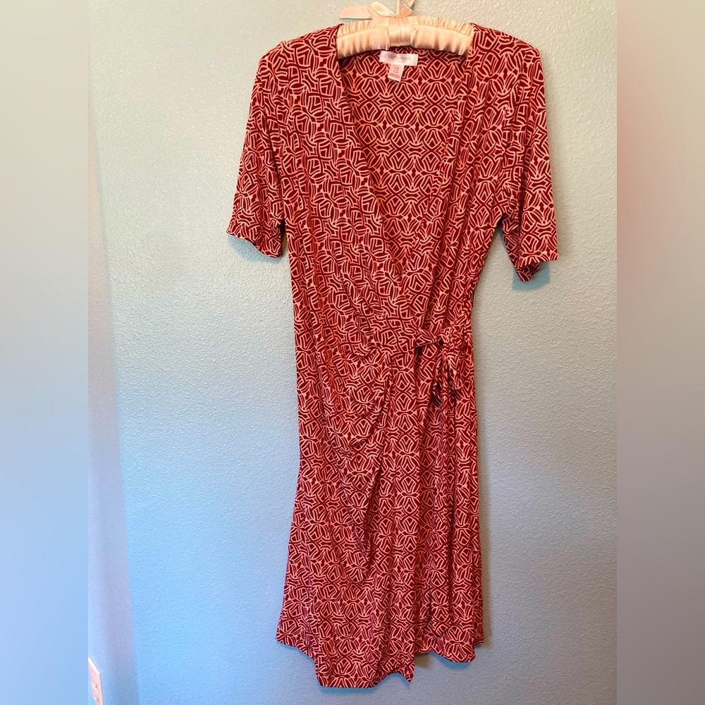 Burgundy Geo Pattern Faux Wrap Maternity Dress